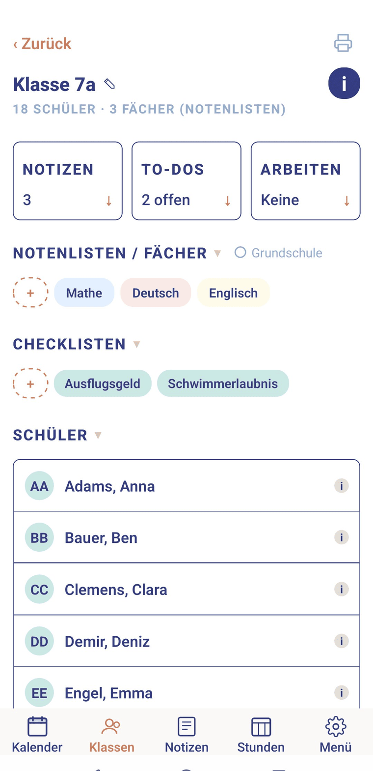 Klassenübersicht in der App