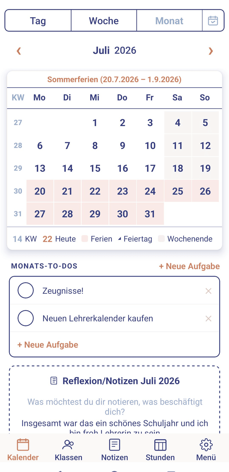Monatsansicht mit Sommerferien und Feiertagen